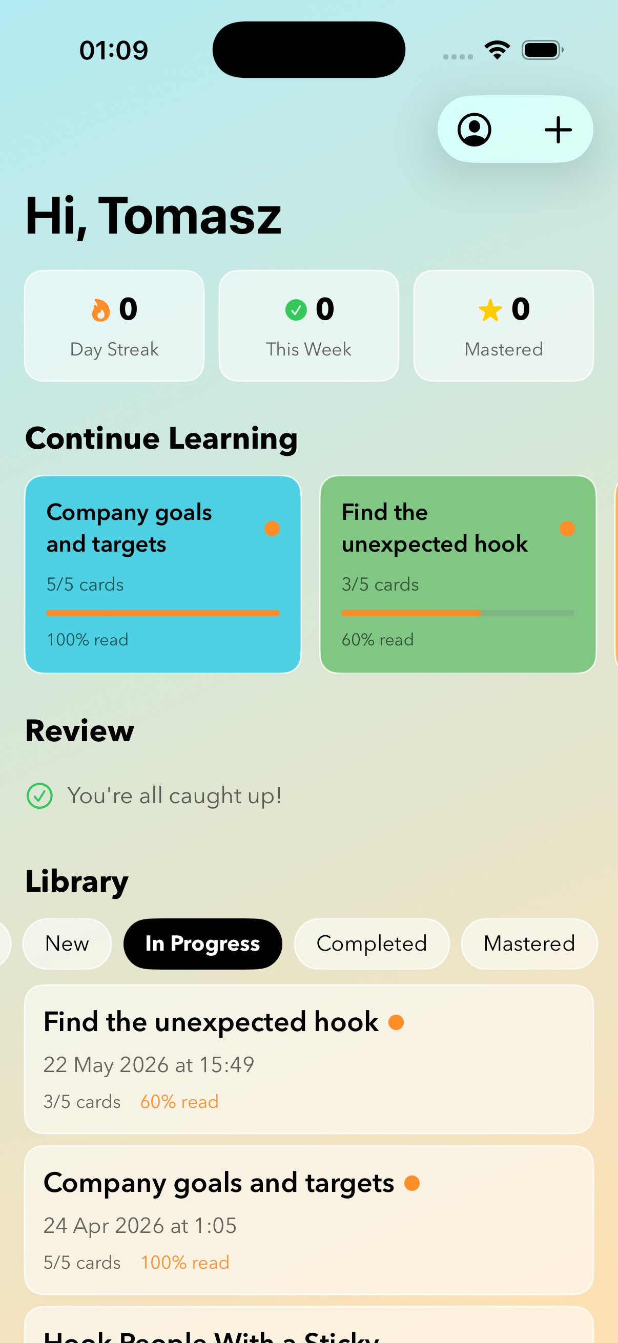 Scrollized home screen with continue learning and library sections