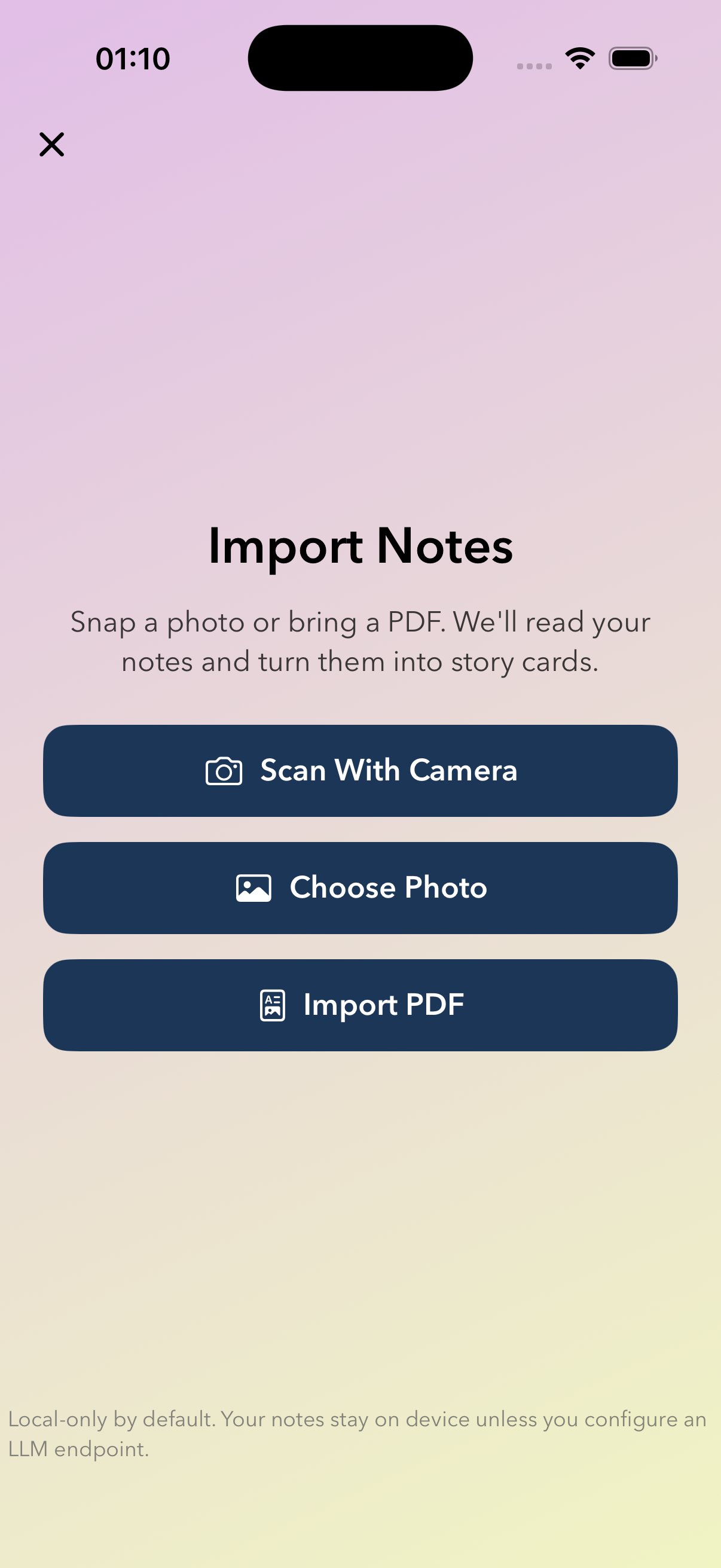 Import Notes screen — Scan With Camera, Choose Photo, Import PDF buttons