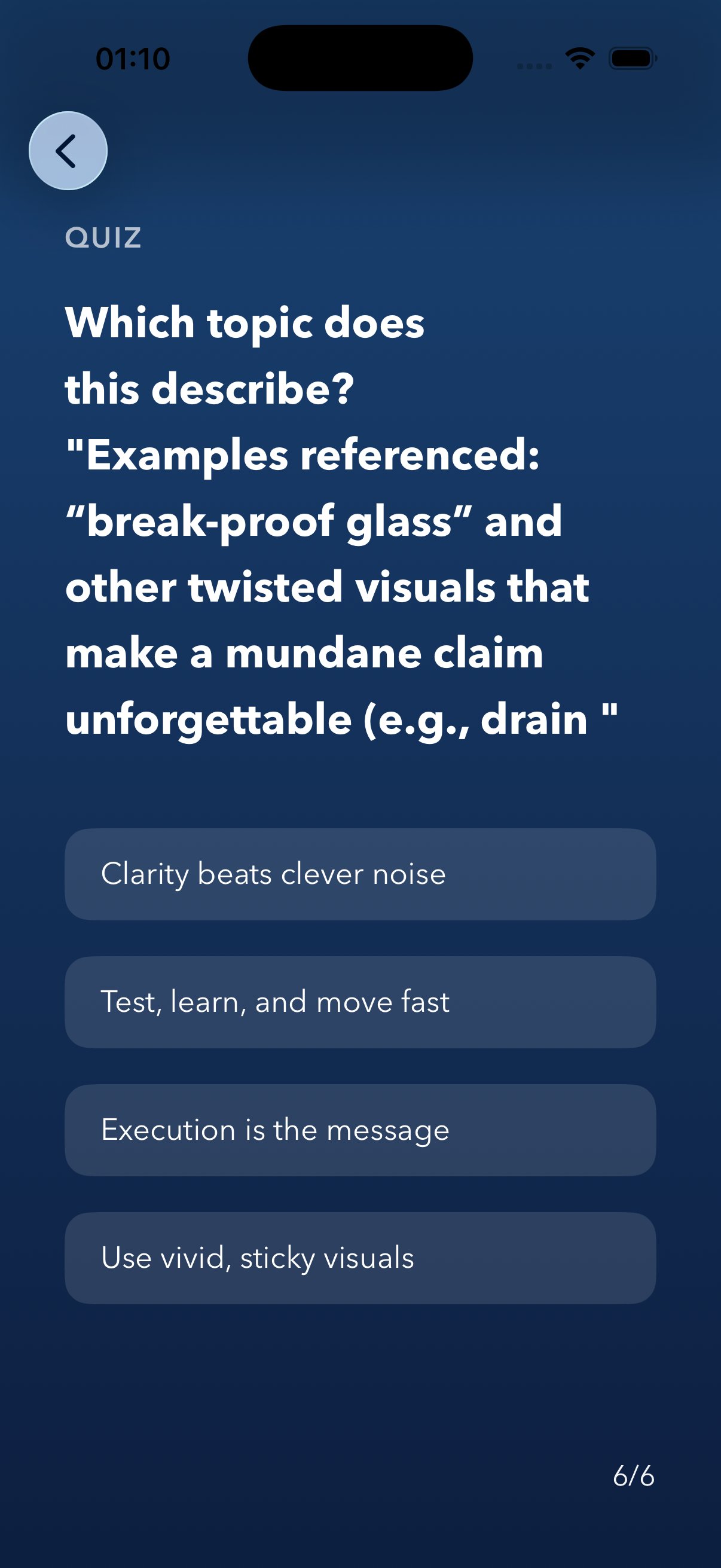 A quiz screen asking about a topic, with multiple choice answers
